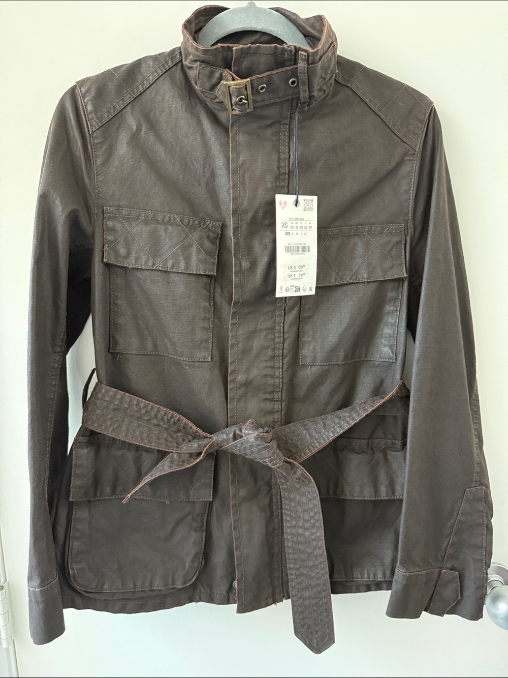 Zara Coated Dark Brown Military Field Utility Belted Jacket funnel neck XS